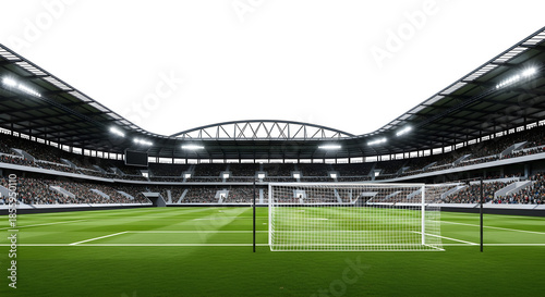 Detailed view of a modern soccer stadium at night isolated on transparent background