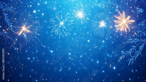 A celestial blue scene with fireworks bursting amidst glittering stars and delicate, flowing foliage, creating a festive ambiance
