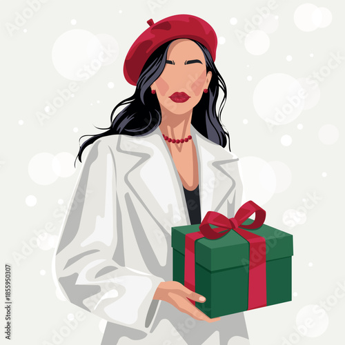Elegant faceless fashion woman in red beret holding a gift box, minimalist winter holiday vector portrait for greeting cards, social media ads, posters and branding, with soft bokeh snow background.