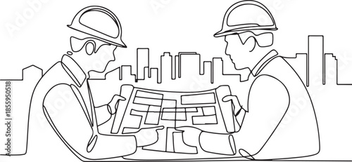 Continuous one-line drawing of two construction workers, engineers, or architects reviewing blueprints on a job site with a cityscape in the background