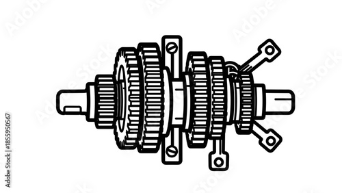 Mechanical Gearbox Component with Gears and Shafts.