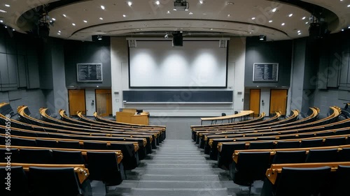 Showing Empty Modern Lecture Hall with Tiered Seating and Large Projection Screen in Academic Building