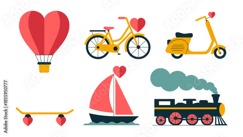 Vehicular Affection: A set of charming illustrations depicting diverse modes of transport adorned with the symbol of love, symbolizing journey and connection. 