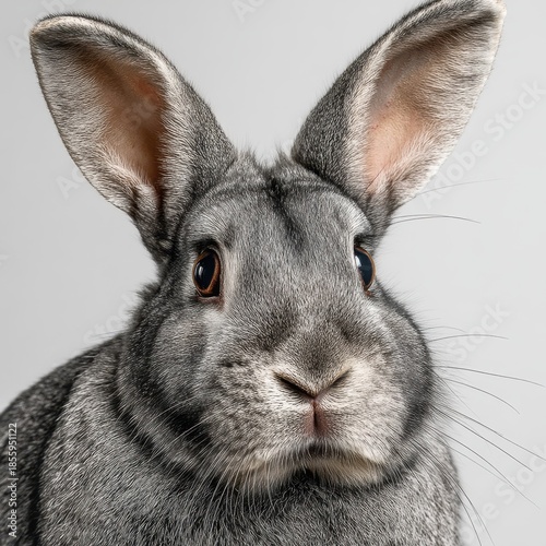 Close-up portrait of a fluffy gray rabbit with big ears, showcasing its curious expression and soft fur.