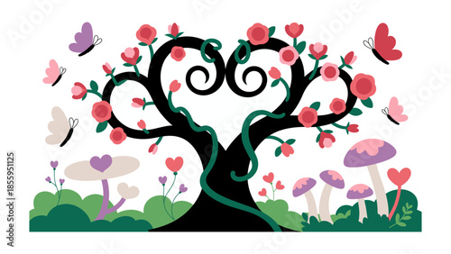 Blooming Heart: A charming illustration featuring a heart-shaped tree adorned with vibrant roses and accompanied by whimsical butterflies, mushrooms, and lush foliage.