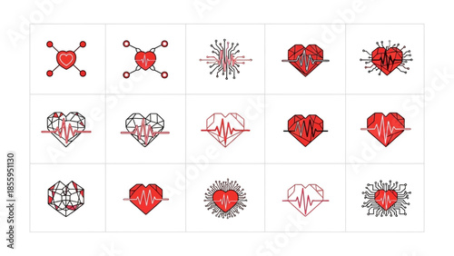 Digital Heart Collection: A diverse compilation of digital heart icons showcasing various design elements representing medical technology, healthcare, and health symbols. 
