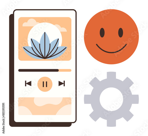 Mobile music player interface with flower art, play button, happy face, and gear icon. Ideal for mindfulness, relaxation, self-care, technology wellness UIUX and innovation. Simple flat metaphor