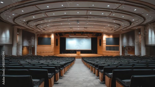 Capturing Empty Modern Auditorium with Large Screen and Rows of Seats in Contemporary Conference Hall