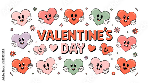 Valentine's Day Hearts : A whimsical Valentine's Day illustration featuring a collection of charming cartoon hearts, each radiating a unique expression of love and affection.