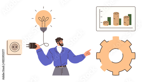Man holding plug near an outlet, illuminated lightbulb, bar chart with stacked coins, and gear symbol. Ideal for energy efficiency, sustainability, innovation, productivity, business growth