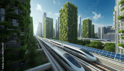 Sustainable urban landscape of the future featuring eco-friendly architecture and clean energy transport