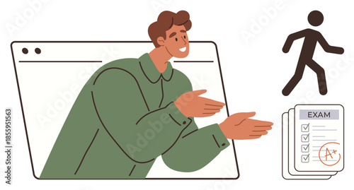 Male instructor emerging from digital window, engaging a learner to achieve high exam scores. Ideal for education, e-learning, mentorship, guidance, remote study, self-improvement, simple flat