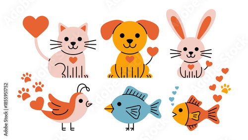 Love's Ensemble: A whimsical illustration showcases an assortment of adorable animals, each adorned with hearts, embodying affection and care. Perfect for conveying warmth and tenderness.
