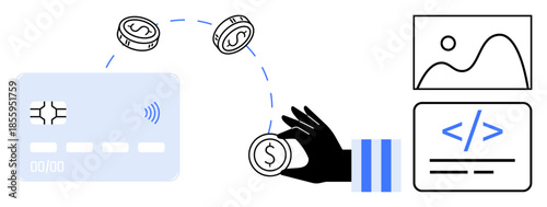 Financial technology, digital transactions, payment systems, coding, e-commerce, online payments. Credit card, hand with coins coding symbols and graphics. Fintech and digital transactions concept