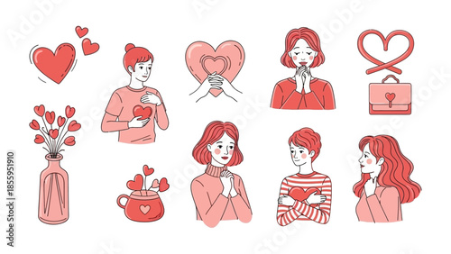 Love's Expression: A charming illustration depicts various expressions of love, with individuals and heart icons symbolizing affection, romance, and emotion.