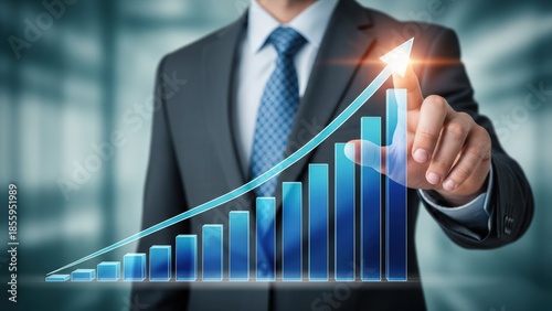 Professional businessman gestures confidently at a glowing exponential growth chart, symbolizing financial success and positive market impact