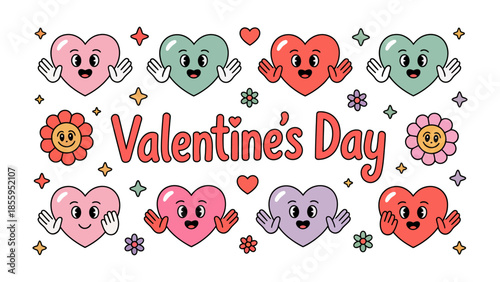 Valentine's Day Hearts: A vibrant illustration showcasing cheerful heart characters, exuding love and joy, perfect for expressing sentiments of affection. 