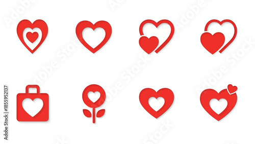 Love Symbols Collection: A collection of various red heart icons representing love, affection, and Valentine's Day.
