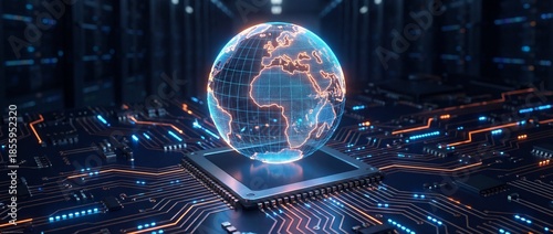 Global Technology Concept with Digital Earth Globe on Central Processing Unit Futuristic Microchip Motherboard Artificial Intelligence Networking Data Transfer Worldwide Connection