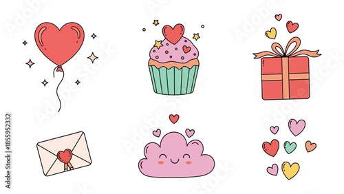 Love-themed Icons: A collection of heart-shaped balloon, cupcake, gifts, letter, cloud and other related items. Representing the joy of love and appreciation.