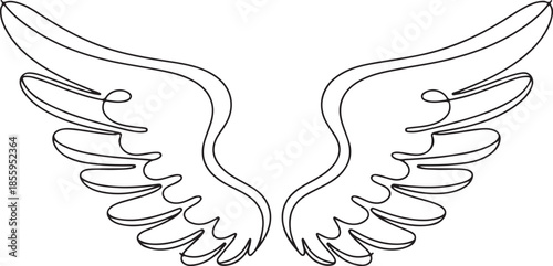 Monochrome hand sketch of angel wings, a symmetrical vector illustration with an engraved design, ideal for graphic art