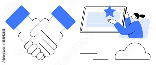 Business partnerships, digital collaboration, team goals, cloud storage, review systems, online services. Handshake, person with tablet cloud icon. Business partnerships and digital collaboration
