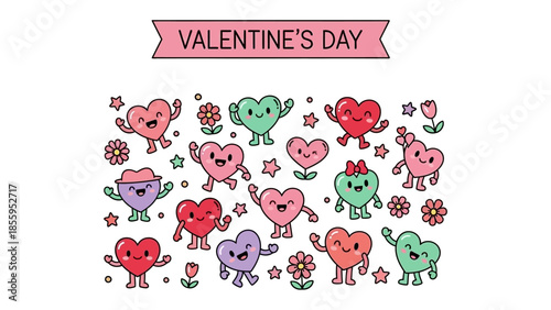 Valentine's Day Hearts: A vibrant illustration showcasing an array of adorable, cartoonish hearts, each with its unique personality, playfully dancing amidst decorative flowers and stars.