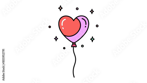 Love in flight: A charming cartoon depicts a lovely heart-shaped balloon, a symbol of affection floating with stars, embodying the spirit of love and connection.