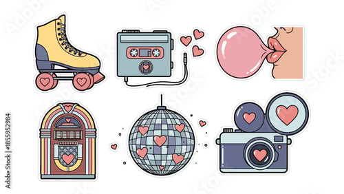 Vintage Love: Charming illustrations of vintage items such as roller skates, cassette player, jukebox, camera, disco ball and bubble gum, creating a retro atmosphere of love and music.