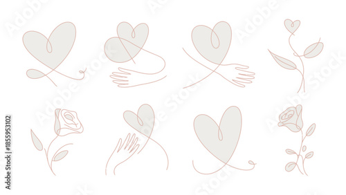 Simple Heart and Botanical Art: An artistic line drawing, featuring elegant hearts and floral elements, showcasing a minimalist aesthetic and delicate designs.