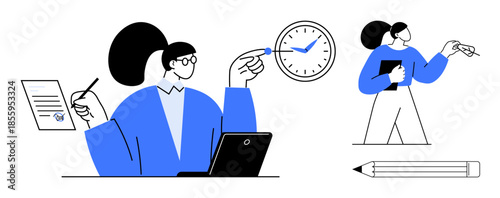 Time management, productivity, business planning, workflow, organization, efficiency. Woman working at a desk with a clock, paper and laptop. Time management and productivity concept