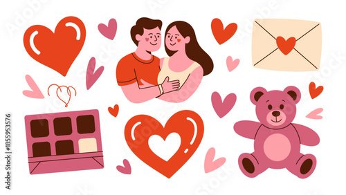 Love's Symbols: A romantic illustration of love's essential elements, featuring a couple in embrace, heart-shaped symbols, and heartfelt gifts.