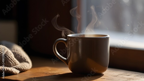 Cup of coffee on table with blanket and stuffed animal side table.