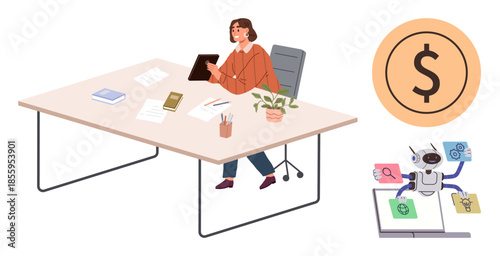 Woman seated at desk holding tablet with office items adjacent elements show AI robot streamlining financial tasks and a dollar sign symbol. Ideal for business, finance, productivity, workplace