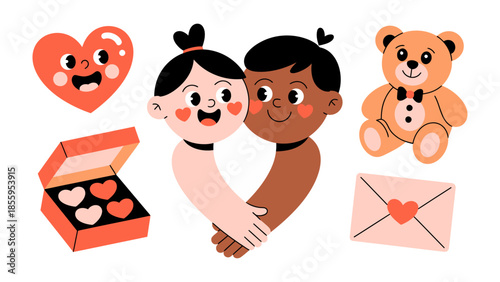Valentine's Day Delight: A heartwarming cartoon featuring a couple embraced, accompanied by other valentine theme objects, creating a perfect depiction of love.