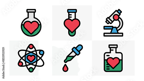 Love in Science: a collection of icons showing love through laboratory tools such as microscopes, test tubes and beakers, showing the intersection of science and emotion.