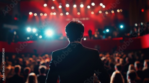 A film director standing nervously at a premiere event awaiting audience reaction to their debut movie