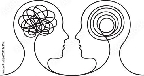 Continuous one-line drawing illustrating psychological communication, conflict resolution, or therapy concepts