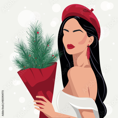Chic faceless fashion woman in red beret holding a winter pine bouquet, elegant minimalist vector portrait for holiday greeting cards, social media promos, posters and branding, with soft bokeh snow.