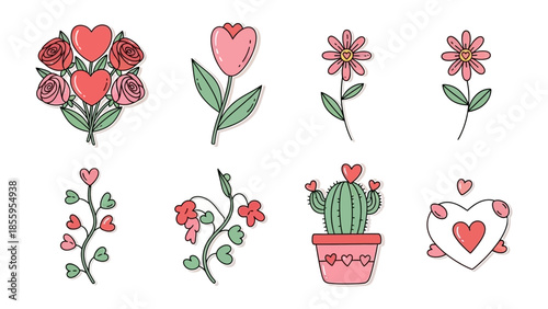 Lovely Flora Bouquet: An array of delightful floral illustrations, featuring roses, tulips, daisies, and more, each adorned with a touch of love, creating a charming display of botanical beauty.
