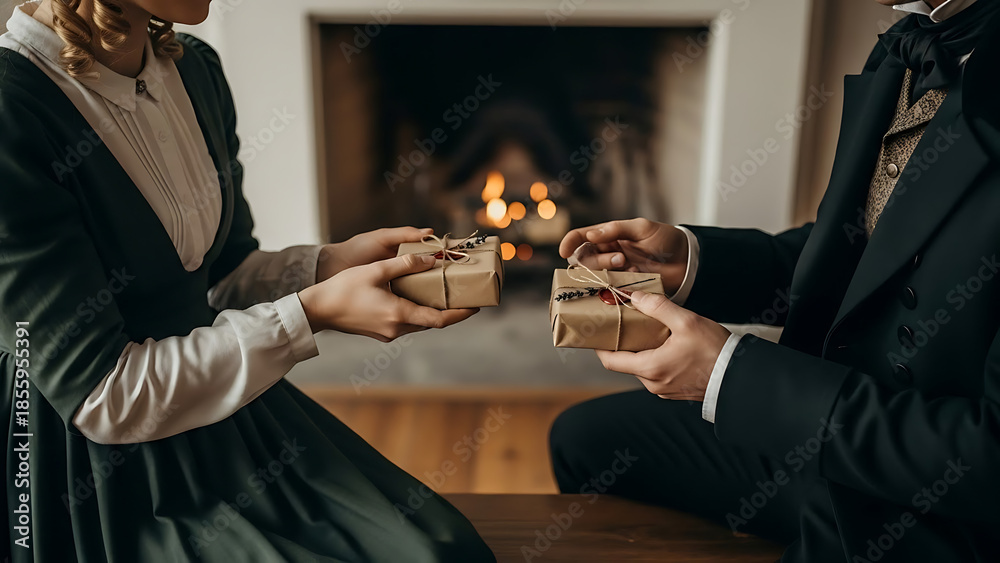 Obraz premium Gift Exchange of affection: Two individuals, adorned in classic attire, share the mutual act of exchanging beautifully wrapped gifts in front of a warm fireplace.