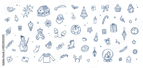 Winter Doodles Set. Marker sketch of Christmas elements, toys and decorations isolated on white background. Festive drawing for holiday designs
