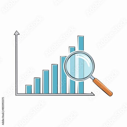 Magnifying glass examining a rising bar graph with upward arrow indicating growth and progress chart
