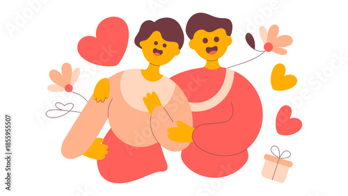 Romantic Couple Illustration: A heartwarming illustration of a couple embraces, surrounded by hearts and flowers, conveying love, affection, and the celebration of togetherness.