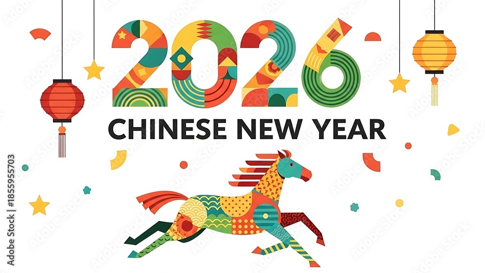 Fototapeta premium Vibrant geometric Chinese New Year 2026 illustration featuring a festive horse, colorful numbers, traditional lanterns, and joyful confetti for lunar celebration greetings