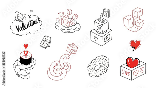 Valentine's Day Line Art Collection: A collection of charming line art illustrations celebrating the essence of Valentine's Day, with a romantic display of hearts, and gifts.