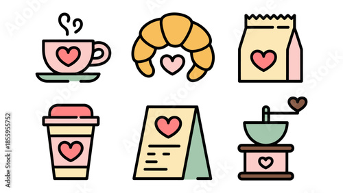 Valentine's Day Cafe Treats: A charming assortment of Valentine's-themed cafe treats, including coffee cup, croissant, and coffee beans, perfect for conveying warmth and love. 