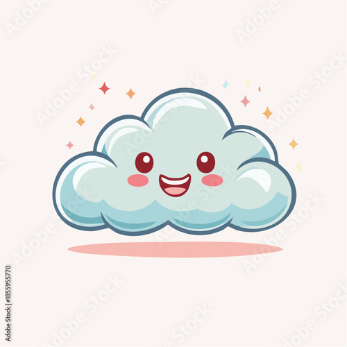 Cute cartoon cloud with a smiling face and rosy cheeks, surrounded by sparkles.