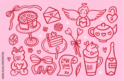Canvas Print Freehand drawing Valentines Day collection of romantic elements