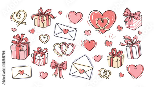 Love in every detail: A collection of heart-shaped illustrations, gift boxes, and love letters, adorned with ribbons and bows. Perfect for conveying feelings of love and affection.